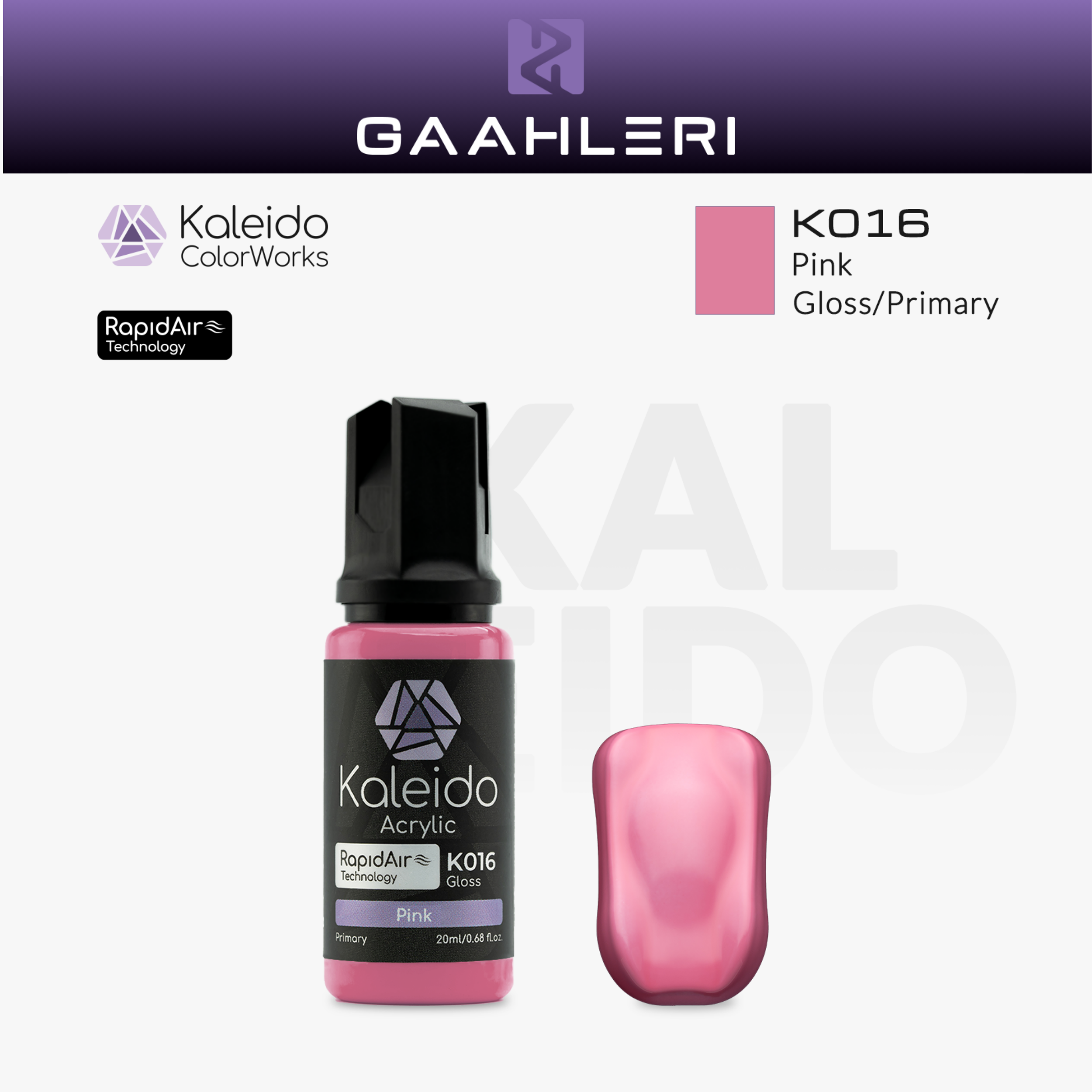 Gaahleri Kaleido ColorWorks K016 Pink: rosafarbene Acrylfarbe, glänzend, in der 20-ml-Flasche mit Farbmuster.
