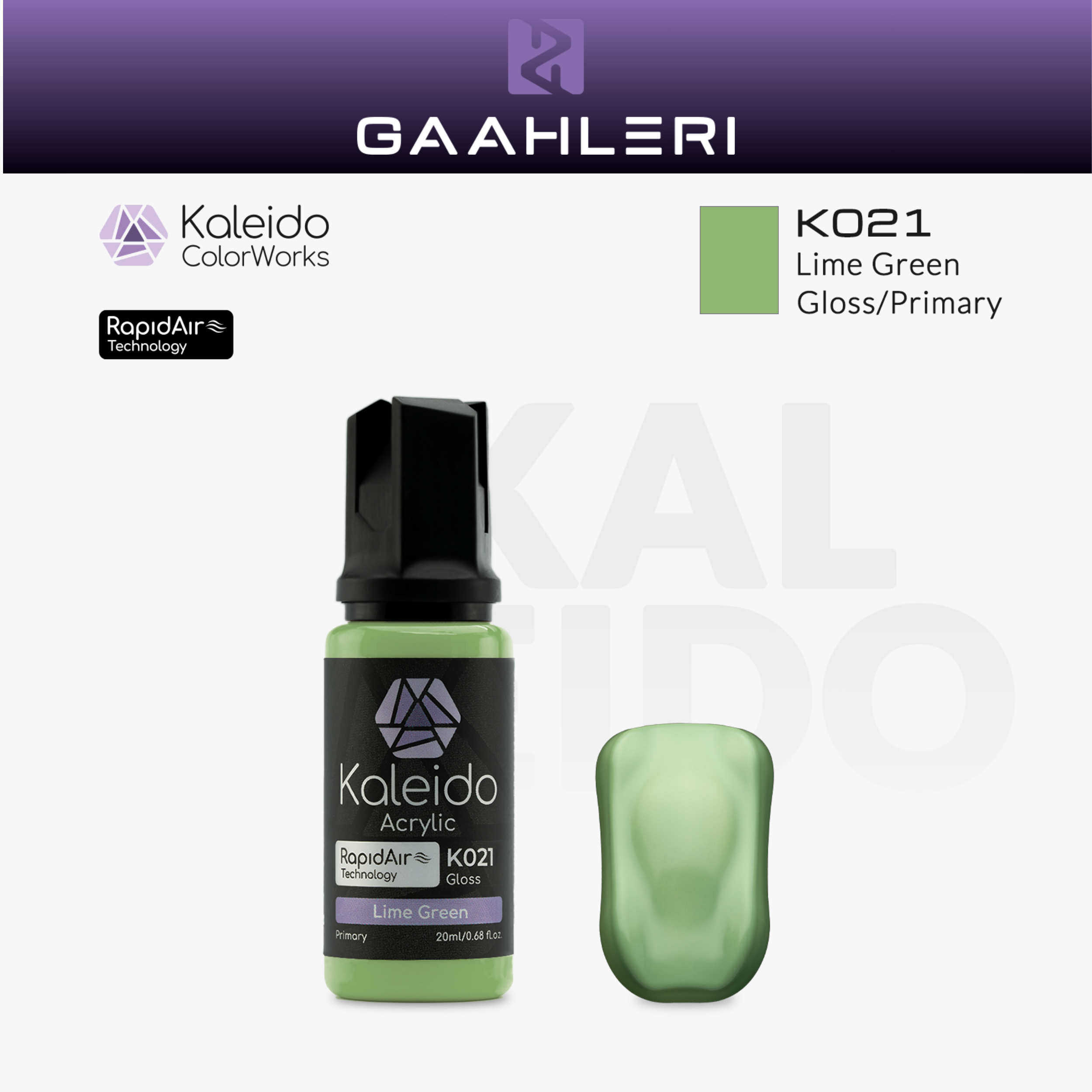 Gaahleri Kaleido ColorWorks K021 Lime Green: hellgrüne Acrylfarbe, glänzend, in der 20-ml-Flasche mit Farbmuster.