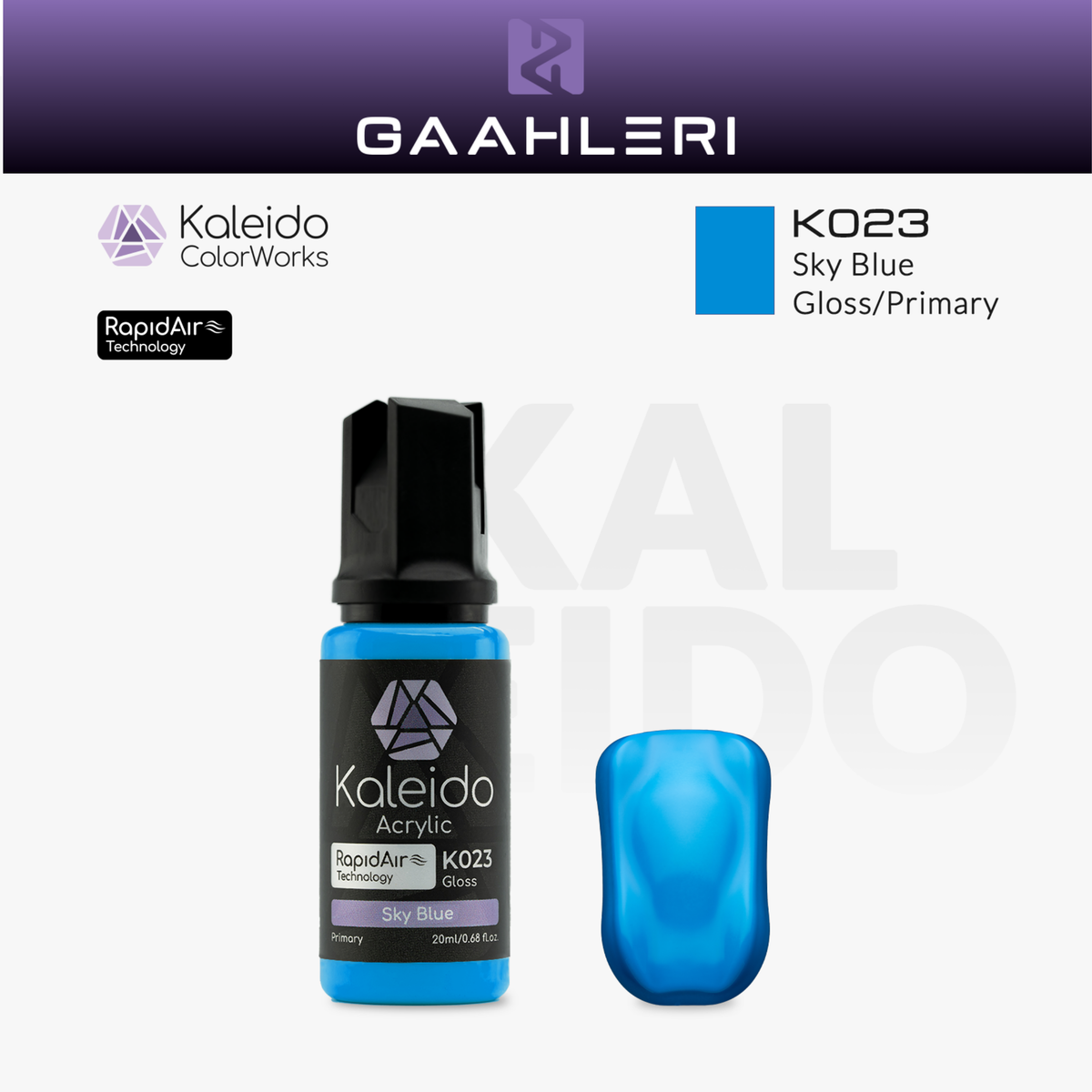 Gaahleri Kaleido ColorWorks K023 Sky Blue: himmelblaue Acrylfarbe, glänzend, in der 20-ml-Flasche mit Farbmuster.