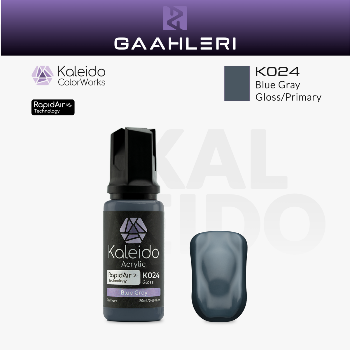 Gaahleri Kaleido ColorWorks K024 Blue Gray: blaugraue Acrylfarbe, glänzend, in der 20-ml-Flasche mit Farbmuster.