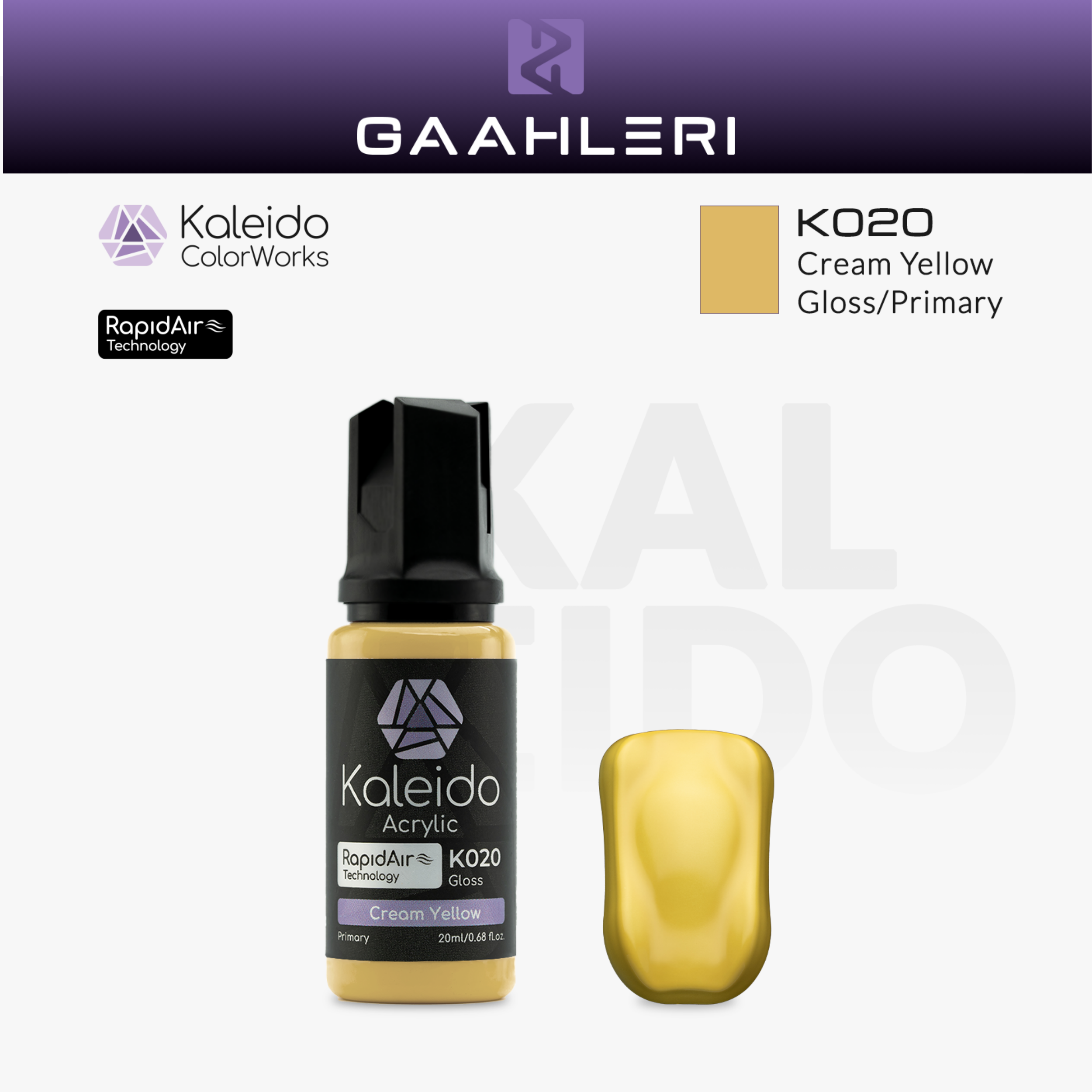 Gaahleri Kaleido ColorWorks K020 Cream Yellow: cremegelbe Acrylfarbe, glänzend, in der 20-ml-Flasche mit Farbmuster.