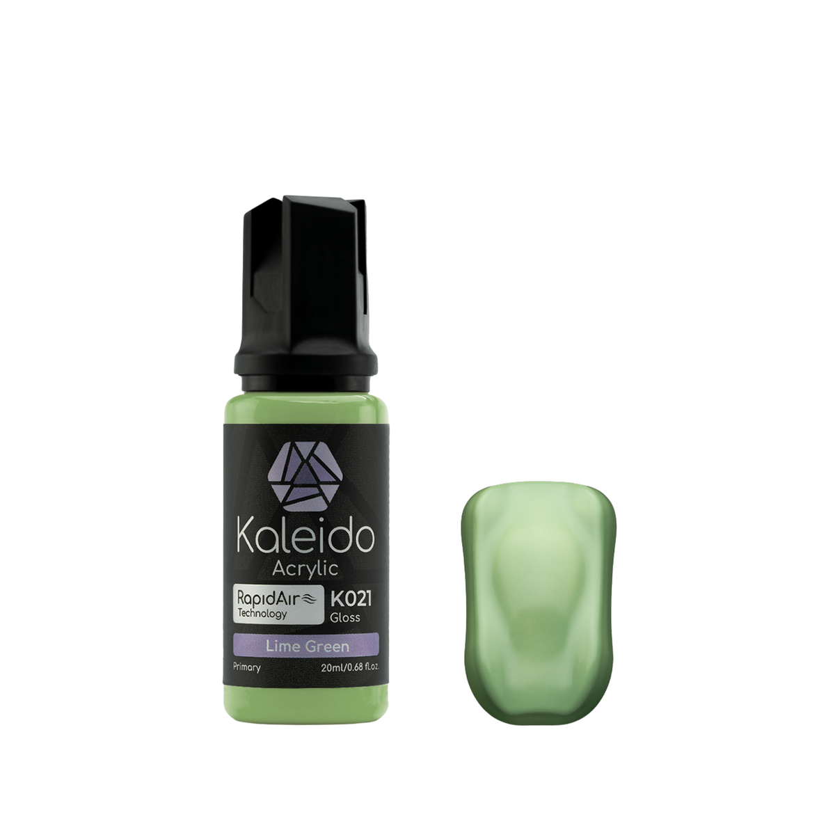 Kaleido K021 Lime Green: glänzende hellgrüne Acrylfarbe in der 20-ml-Flasche neben einem Farbmuster.