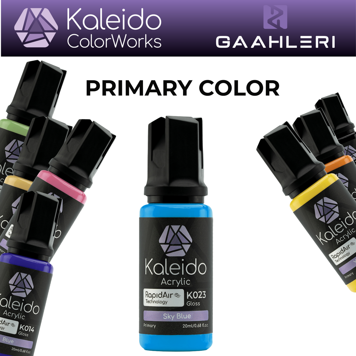 Gaahleri Kaleido ColorWorks Primary Color Acrylfarben: K023 Sky Blue in der Mitte, umgeben von weiteren Farbflaschen.