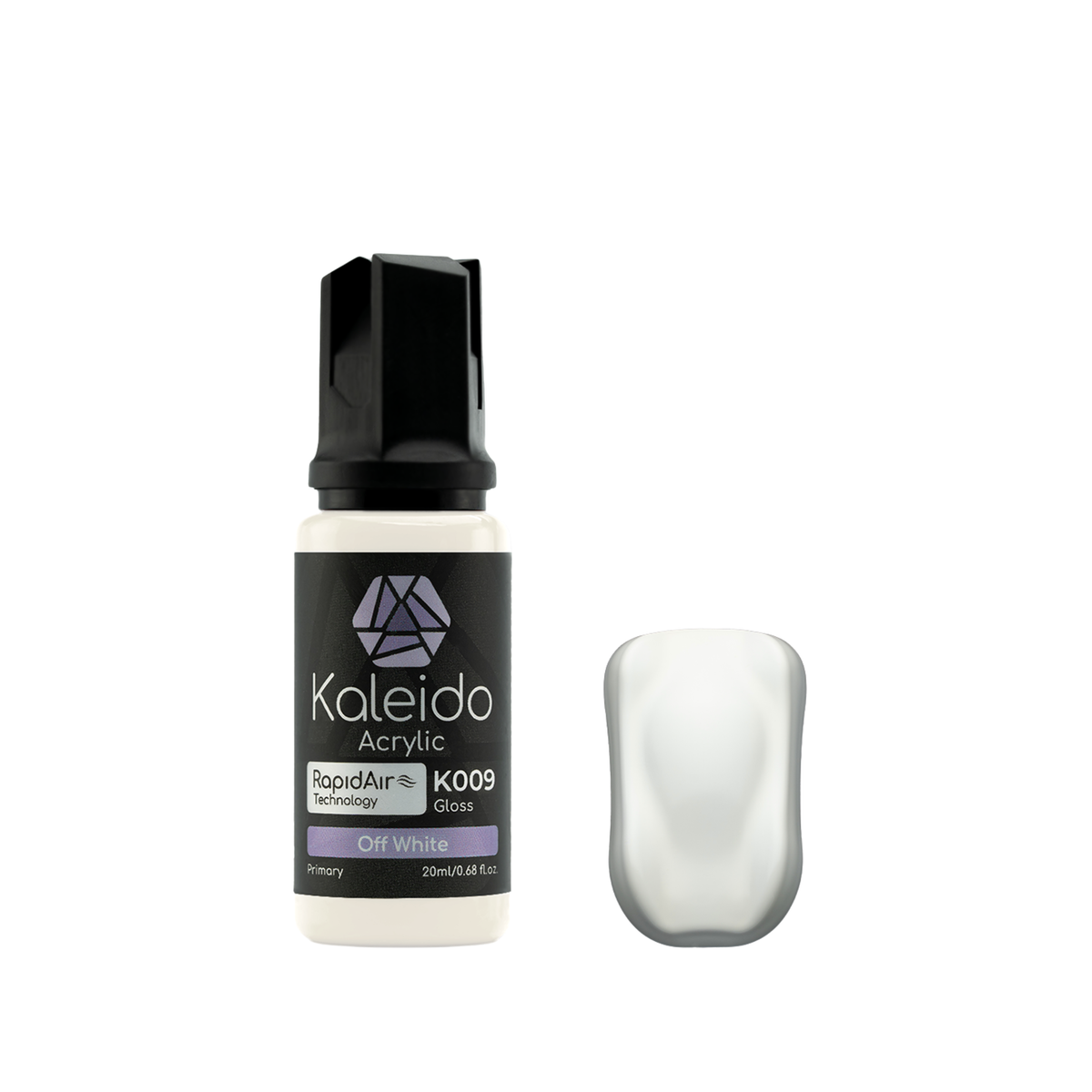 Kaleido K009 Off White: glänzende cremeweiße Acrylfarbe in der 20-ml-Flasche neben einem Farbmuster.