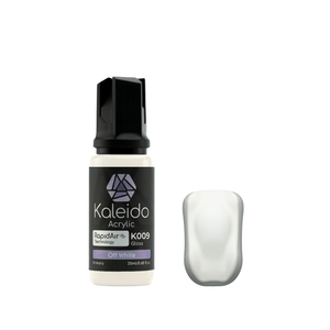 Kaleido K009 Off White: glänzende cremeweiße Acrylfarbe in der 20-ml-Flasche neben einem Farbmuster.
