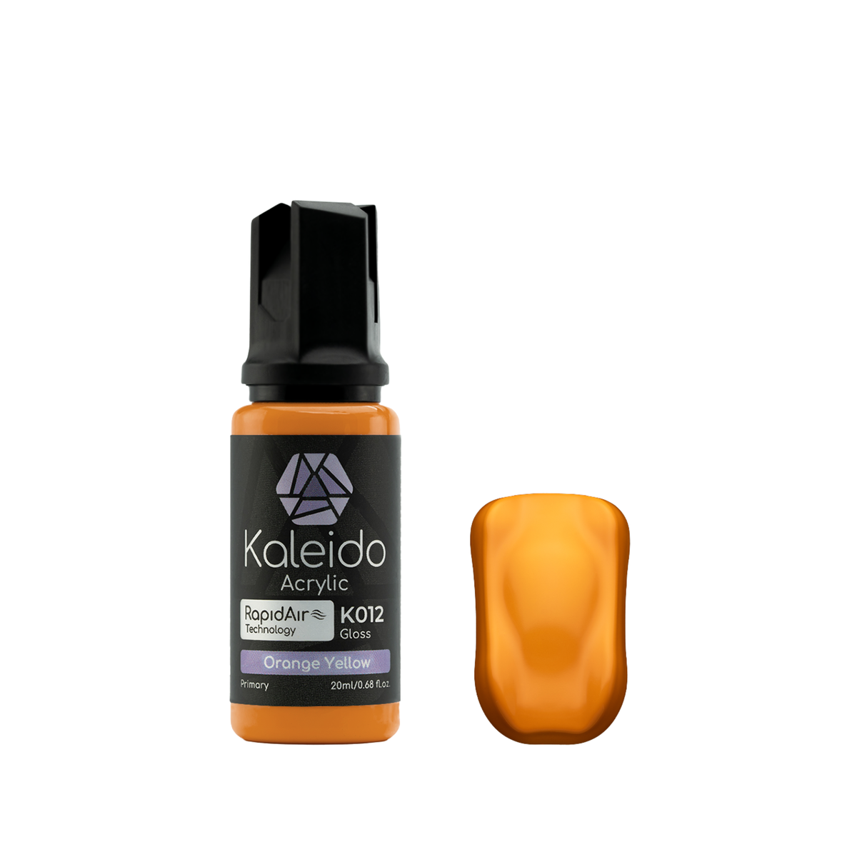Kaleido K012 Orange Yellow: glänzende orangegelbe Acrylfarbe in der 20-ml-Flasche neben einem Farbmuster.