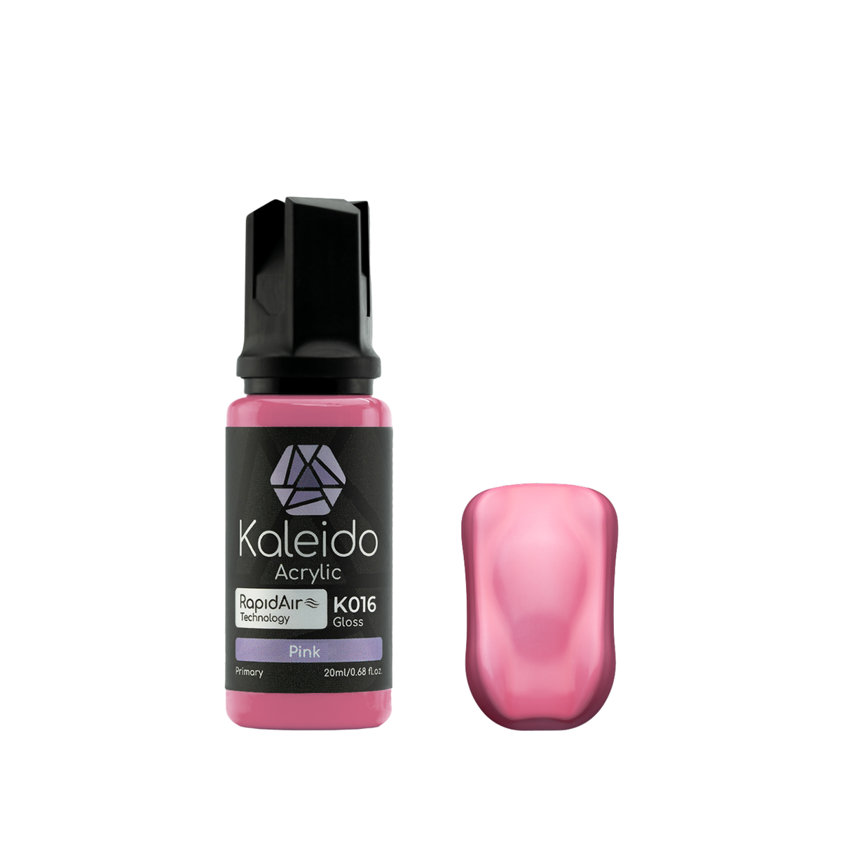 Kaleido K016 Pink: glänzende rosafarbene Acrylfarbe in der 20-ml-Flasche neben einem Farbmuster.