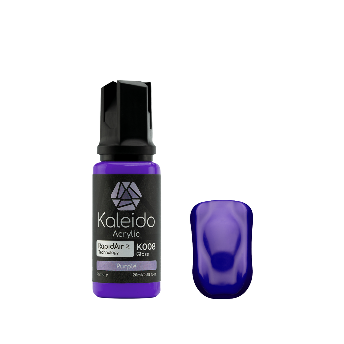 Kaleido K008 Purple: glänzende violette Acrylfarbe in der 20-ml-Flasche neben einem Farbmuster.