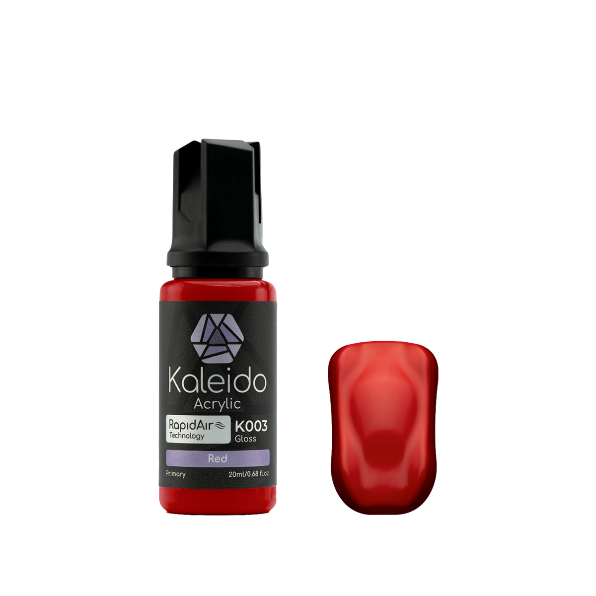 Kaleido K003 Red: glänzende rote Acrylfarbe in der 20-ml-Flasche neben einem Farbmuster.