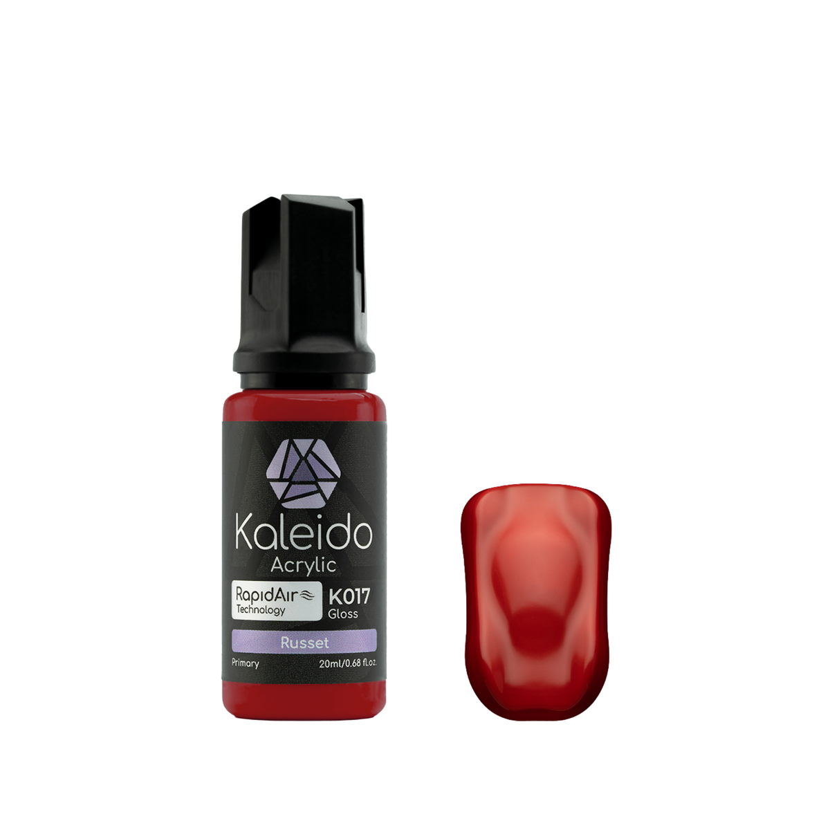 Kaleido K017 Russet: glänzende dunkelrote Acrylfarbe in der 20-ml-Flasche neben einem Farbmuster.