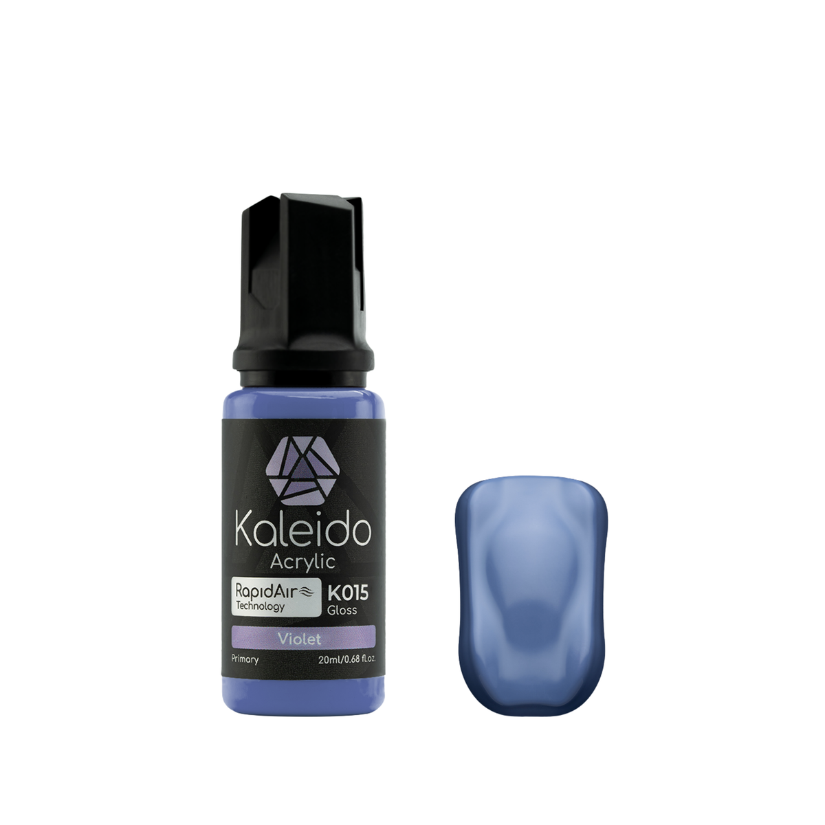 Kaleido K015 Violet: glänzende violette Acrylfarbe in der 20-ml-Flasche neben einem Farbmuster.