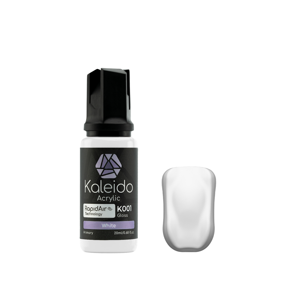 Kaleido K001 White: weiße Acrylfarbe, glänzend, in der 20-ml-Flasche neben einem weißen Farbmuster.