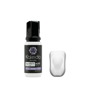 Kaleido K001 White: weiße Acrylfarbe, glänzend, in der 20-ml-Flasche neben einem weißen Farbmuster.