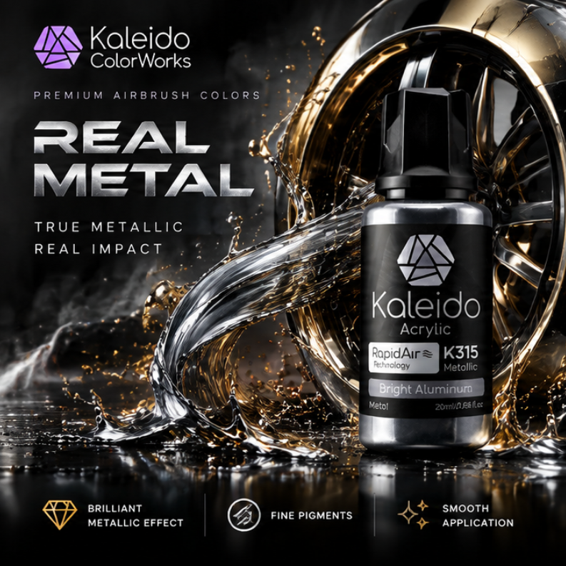 Kaleido Real Metal: Flasche Bright Aluminum vor einer Felge mit silbernen und goldenen Flüssigkeitsspritzern.