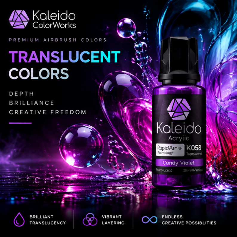 Kaleido Translucent Colors: Flasche K058 Candy Violet mit violetten und blauen Flüssigkeitsspritzern und schwebenden Blasen.