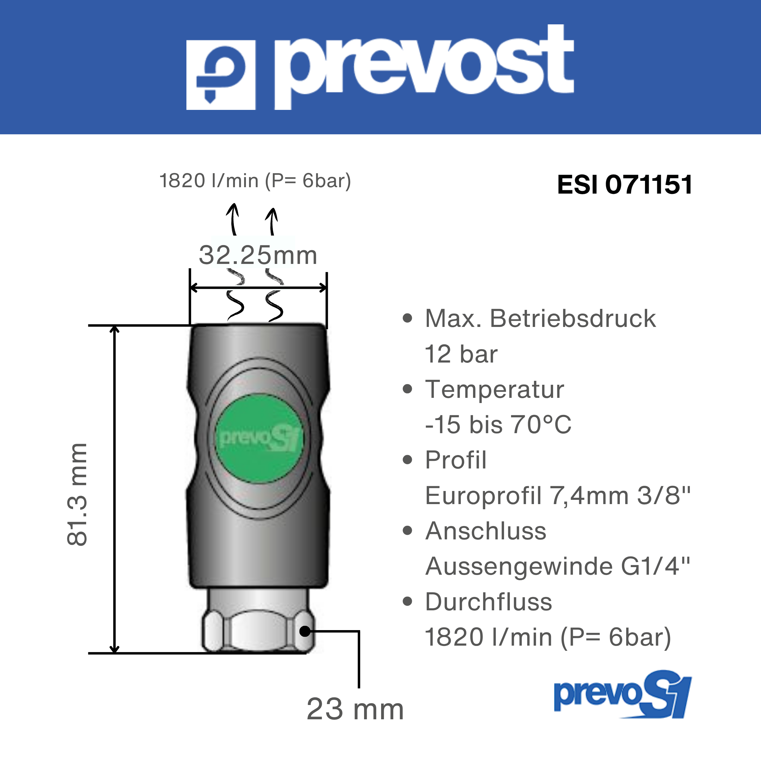 Technische Daten und Abmessungen der Prevost PREVO S1 ESI 071151 Sicherheitskupplung mit G 1/4″-Außengewinde